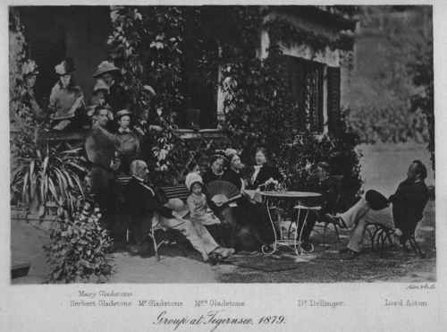 This photo is of Acton spending time with the Gladstone family at Tegernsee in 1879. Tegernsee was a spa town in the Bavarian Alps. Acton died there in 1902. In the photo Acton is seated at the right with his hat in hand, William Gladstone is seated on the bench at the left. Mary Gladstone is standing just behind her father.